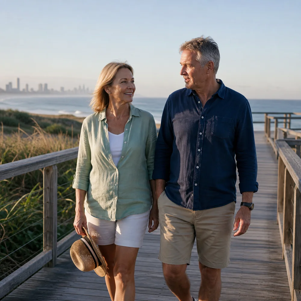 A couple enjoying a morning walk as they plan for retirement