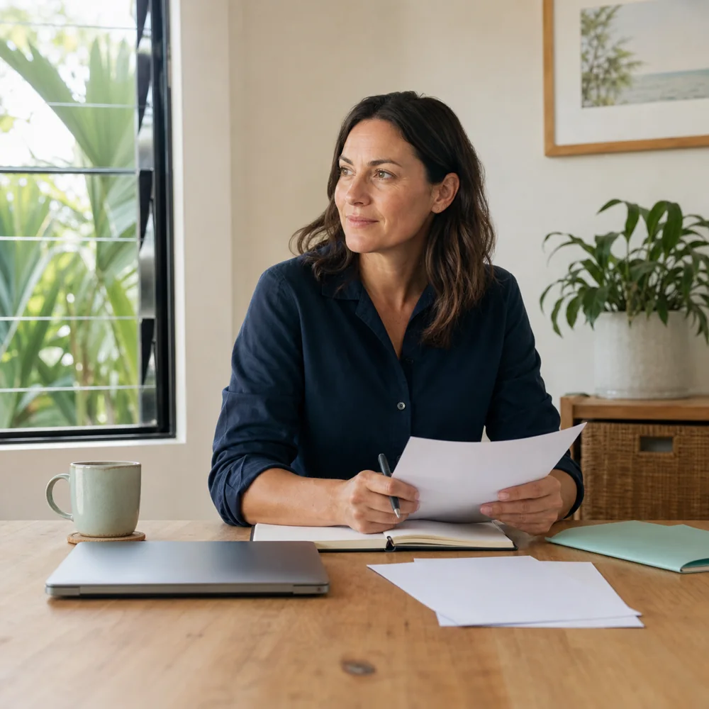 A woman reviewing her long-term financial plans at home